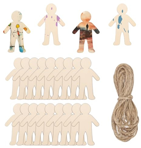PATIKIL 4 Height Natural Wooden People Cutouts, 32Pcs Blank Male Shapes Unfinished Wood Hanging Ornaments & 6.6FT Jute Twine for DIY Crafts