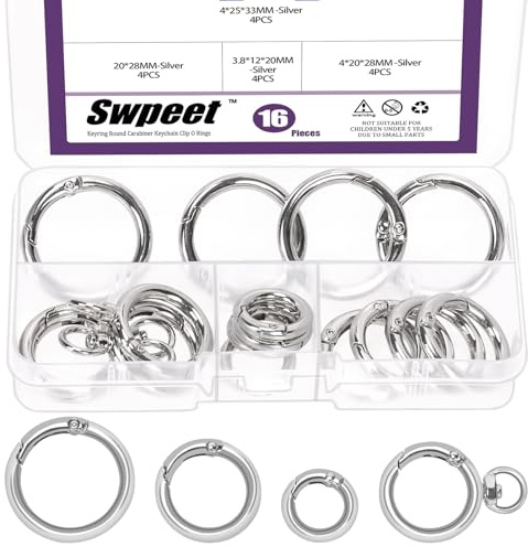 Swpeet 16 st 3 storlekar silver fjäder O-ringar och runda fjädersnäppkrokar svängbar ring sortimentsats, rund karbinhake nyckelring klämma O-ringar krok väska lås fjäderspänne för gör-det-själv