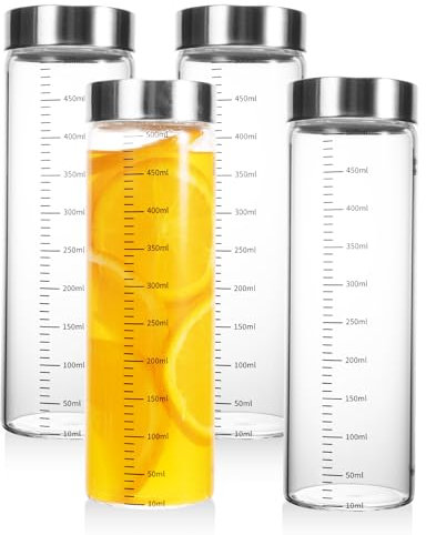 MUJUZE Lot de 4 bouteilles en verre 500 ml avec couvercle inoxydable - Graduation de mesure - Gobelets à smoothie à emporter sans BPA