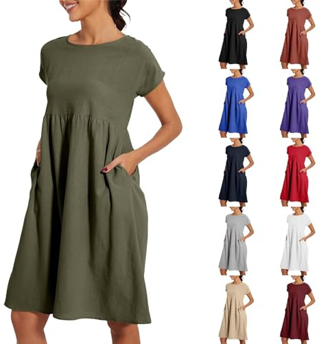 Robes d'été pour femme - Longueur genou - Élégantes - Couleur unie - Grandes tailles - Avec poches - Robe d'été légère - Manches courtes - Col rond - Robe de plage avec manches, lilas, L