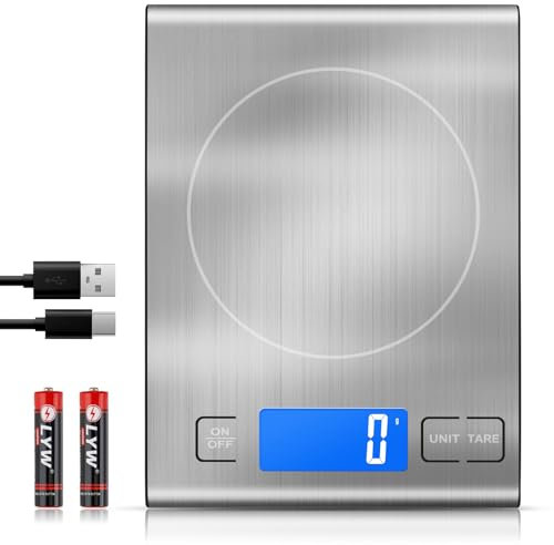 Bascula Cocina Digital de 15 kg, [ Recargable y Baterias ] Diyife Bascula Cocina Recargable, Peso de Cocina Precisión de 1 g/0.1 oz, Acero Inoxidable,Función de Tara,Pantalla LCD,para Alimentos,Joyas