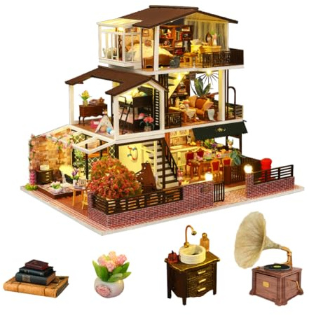 Retro Europäische Villa Mini Puppenhaus Möbel, DIY Miniatur Puppenhaus Bausatz mit LED Licht, 1:24 Maßstab Kreatives Zimmer Romantisches Geschenk Für Erwachsene Teenager Kinder