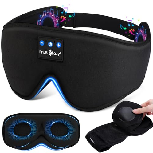 MUSICOZY Bluetooth Sleep Mask Headphones with 2 Removable 3D Cups, 100% Blackout Eye Mask & Smart Timer, 14H Playtime, Breathable Bamboo Cotton for Side Sleepers