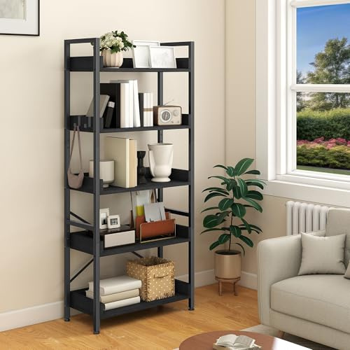 YITAHOME Bücherregal 5 Etagen, Offen Stehend Bücherregal, Hoch Schmal mit 4 Haken Industrielles Lagerregal für Wohnzimmer, Heimbüro, Schwarz
