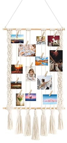 Bilderrahmen mit Klammern und Leine - Boho Deko Fotoleine mit 30 Klammern und 2 Spurlosen Nägeln, Foto Hängendes Makramee, DIY Foto Collage Wand für Wohnkultur Bilder Collagen, Dekorationen Aufhängen
