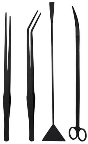 Aquascape - Kit di attrezzi 4 in 1 per la pulizia dell'acquario, in acciaio inox, pinzette, forbici, spatola, set per la disposizione del paesaggio dell'acquario (nero)