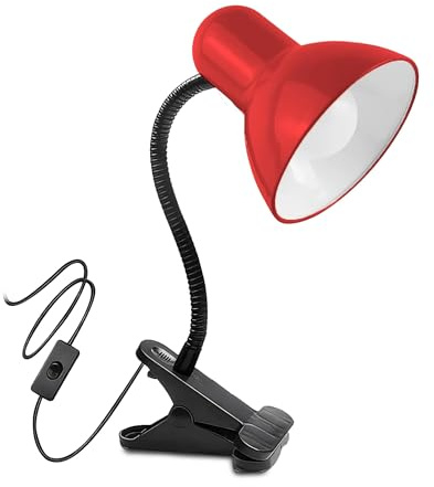 TEK ONE Tecnologia Lampada da Tavolo con Morsetto Orientabile – Portalampada E27, Design Flessibile, Cavo 115 cm, Attacco a Clip, Ideale per Studio, Camera, Ufficio (Rosso)