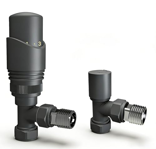 Thermostatic Radiator Valve Set, 15mm x 1/2 Angled TRV & Lockshield Pair, Traditional Design for Radiators & Heated Towel Rails, for UK Central Heating System Modern Bathroom(Anthracite)