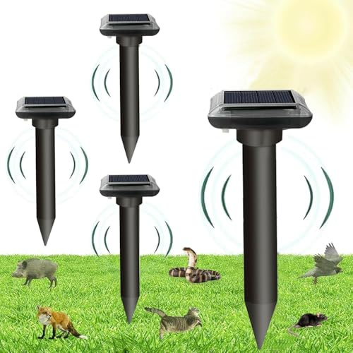 Ahuyentador de Topos Solar 2025, Ahuyentador Animales para Repeler Topillos, Serpientes y Roedores de Jardines,Anti Topos,contra Plagas, Repelente de Ratones Ultrasónico 4 Piezas