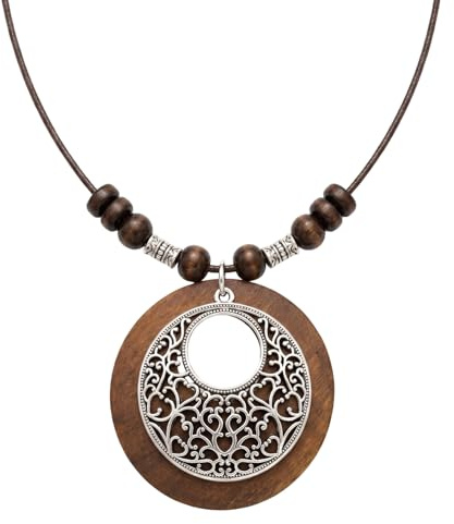 Gdrghe Collier pendentif long en bois de conception antique fait à la main pour femmes – Chaîne bohème vintage, bijou de costume floral sculpté avec corde en cuir - 1 pièce, One Size, Bois, Pas de