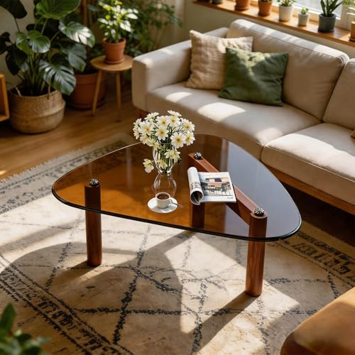 Aivermeil Dreieckiger Couchtisch Glas Transparent, Kleiner Wohnzimmertisch Mid-Century, MDF-Beine Walnuss-Finish, 80x50x40cm, Kompakter Kaffeetisch Sofatisch Glastisch