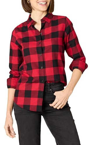 Amazon Essentials Women's Regular-Fit Long-Sleeve Lightweight Plaid Flannel Shirt, Red Buffalo Check, XXL