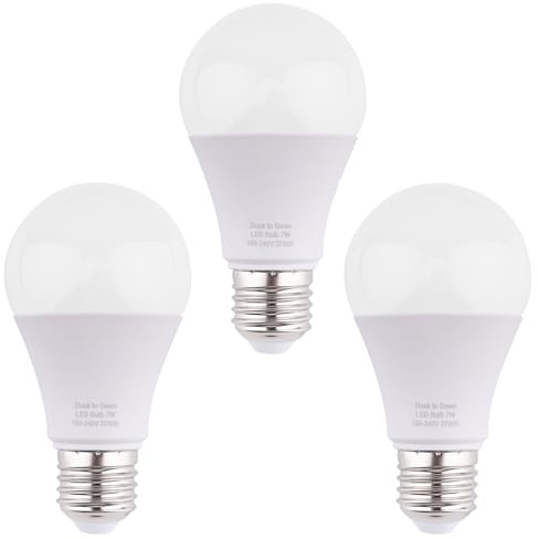 BAOMING Dusk to Dawn Sensor LED Light Bulbs 7W 630 Lumen Warm White 2700K, 60W Equivalent, Automatic On/Off,Suitable Used in Hallway, Yard, Porch, Patio, Garage Lighting,ES E27 Base 240V, 3-Pack