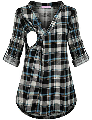 Joymom Maternity Clothes for Work,Womens Fashionable Cuffed Sleeve V Neck Nursing Plaid Blouses Tops Pregnancy Plus Size Breastfeeding Tunics T-shirts Latcher Mama Blue Black 2XL