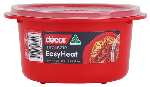 Décor Microsafe 800ml Round food container. Microwave, freezer, dishwasher safe and BPA Free with air release vent and handles. Master microwave cooking and reheating with Microsafe. Red.