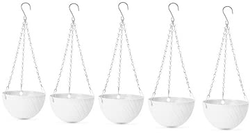 Hanging Planters Set of 5 Flower Pots Outdoor Planting or Storage for All House Plants,Flowers,Herbs, African Violets,3.5H × 6Diameter Self-Watering Flower Pot Container White - Metal Chain