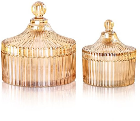 R FLORY Tarros de vidrio decorativos con tapa, cuenco de almacenamiento de vidrio con tapa, soporte Qtip, recipiente organizador de baño, contenedor para hisopos de algodón, velas, joyas