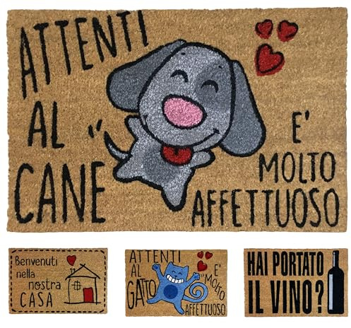 Zerbino Ingresso Esterno Simpatico 40x60cm, Cocco, Attenti al Cane | Tappeto Entrata Divertente, Interno / Esterno, Base Antiscivolo in PVC, Fibra di Cocco Naturale, Resistente, Facile da Pulire