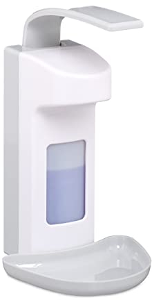 Relaxdays Desinfektionsspender, mit Tropfschale, Hygiene Wandspender Händedesinfektion, Armhebelspender für 500 ml, weiß