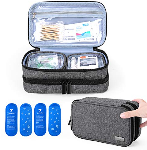 Yarwo Borsa Termica per Insulina e Medicinali Doppio Strato, per Penne, Diabete Siringhe Con 4 Impacchi di Ghiaccio (Grande, Grigio)