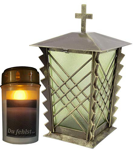 Grablaterne, Grableuchte aus Stahl mit Gittern und grünem Glas, inkl. LED-Kerze, 24 cm, Kreuz (Bronze)