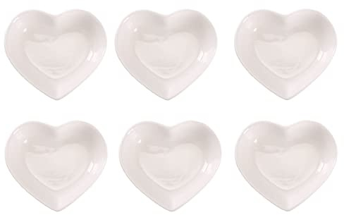 WHJY White Love Heart Shaped Ceramic Side Dish Bowl, Contemporary Porcelain Side Dishes Bowl, Seasoning Dishes Soy Dipping Sauce Dishes for Wedding Birthday Party- Set of 6