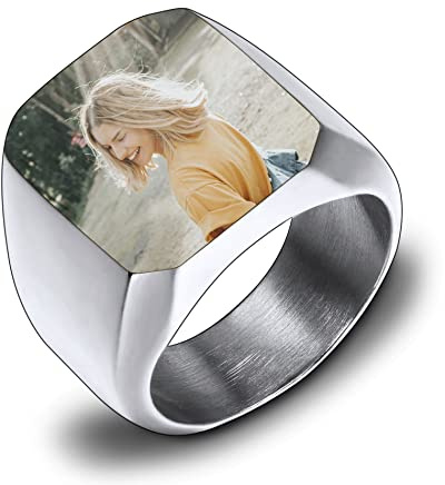 OTXIXTO Personalisierter Siegelring, Edelstahl Schmuck, Farbbild Gravur für Männer, Frauen, Erinnerungsstück, Beste Freundin Geschenke, Klobiges Band mit Ringgrößen Verstellter (Silber, Größe 62)