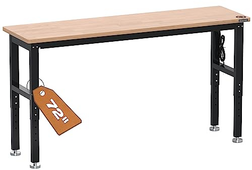 WORKPRO 72 Adjustable Workbench, 3000 LBS Load Capacity Hardwood Garage Workbench with Power Outlets, Rubberwood Top Heavy-Duty Workstation for Workshop, Garage
