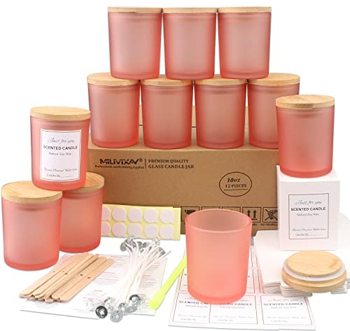 MILIVIXAY 12 Stück 284 ml mattrosa Glaskerzengläser mit Deckel und Kerzenherstellungs-Kits – leere Kerzengläser für die Herstellung von Kerzen – Gewürz-, Pulverbehälter