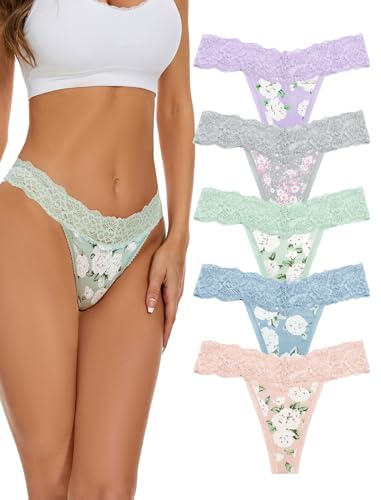 VOENXE Mjukseamless Kant Tanga För kvinnor - Osynliga String Trosor, Andetagbara Dam Panty, Lätt Skuren Underkläder, 5-Pack