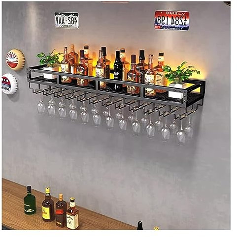 PHLEPS Bar Unit Floating Shelves, Wall-Mounted Wine Racks With LED Light Inverted Wine Glass Rack Multifunctional Iron Bottle Holder Simple Hanging Goblet Rack For Home Bar Dining Room Decor (Color :