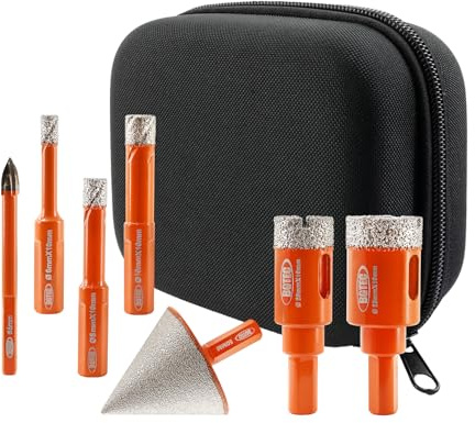 BGTEC Diamond Drill Bits Set 7PCS Tile Hole Saw Kit | Tile Hole Cutter & Chamfer Bit & Carbide Drill, for Ceramic, Porcelain, Marble, Granite, 6/8/10/20/25/50mm