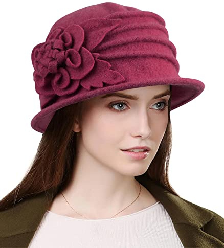 Wantonfy mössa hatt kvinnor basker vintermössor fransk vintage blommig ull klassisk vintermössa fransk keps 1920-talet, Vinrött, one size
