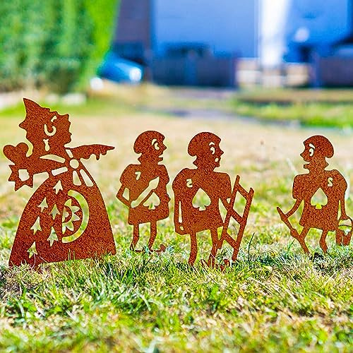 Alice in Wonderland Queen of Hearts Set 4 Figures Garden Wedding Party Ornament Outdoor Decoration Housewarming Gift for Her, Woman, Garden Lover (Set 4 Stakes: Queen, 3 Cards - Natural Oxidised)