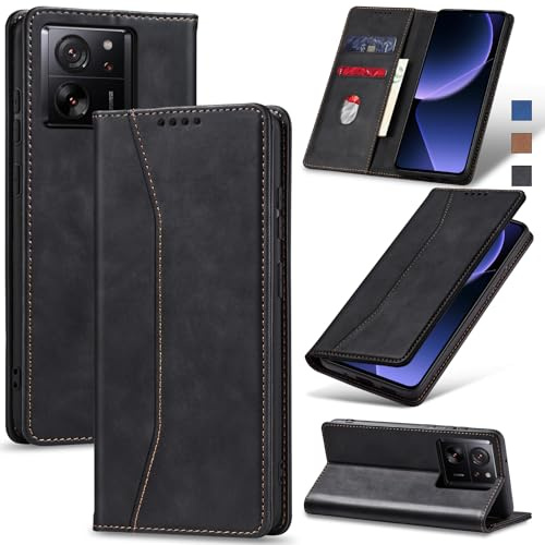 Jasonyu Handyhülle für Xiaomi 13T/13T Pro, PU Leder Klapphülle, Schwarz | Magnetische Schutzhülle, Ständer, Kartenfächern, Flip Klappbar, Stoßfeste TPU Stoßsicher Hülle