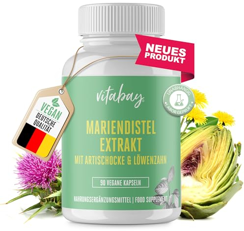 Vitabay Mariendistel-Artischocke-Löwenzahn Komplex – 90 vegane Kapseln, hochdosiert mit 250 mg Mariendistel-Extrakt & Artischockenextrakt