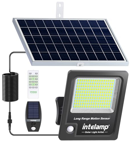 intelamp 12000mAh 3000LM Solar Security Lights wih 5 Metre Cable | PIR Floodlight Separated Trigger & Smart Linked Lighting, Remote Control, IP65 Waterproof for Garden Garage Driveway