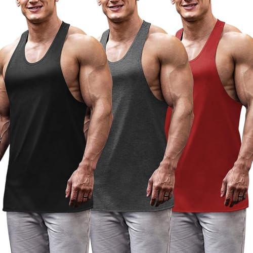 COOFANDY Tanktop för män, 3-pack, fitness, tanktopp, sommar, ärmlös, fitness, muskelskjorta, träning, armhåla,, undertröja, Svart/röd/mörkgrå, XL