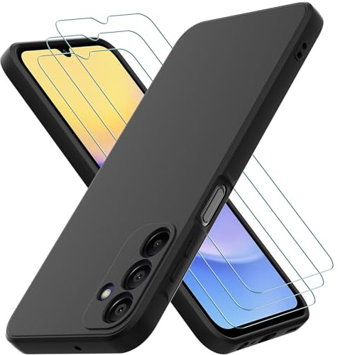 Oureidoo Hülle kompatibel mit Samsung Galaxy A15 5G / 4G, mit 3 Stück Panzer Schutz Glas, Handyhülle Silikon gummiert, Handy Case in Schwarz
