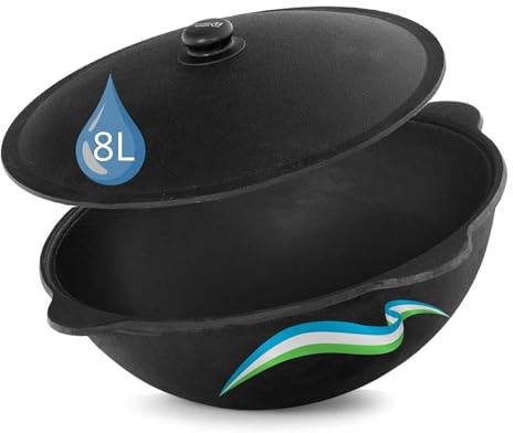 Authentischer usbekischer Kazan aus Gusseisen 8L mit Aluminium Deckel - Kasan unbeschichtet für echten Plov Schwenktopf Namangan Dutch Oven Cast Iron Grill Kessel Asia Wok Gusseisentopf