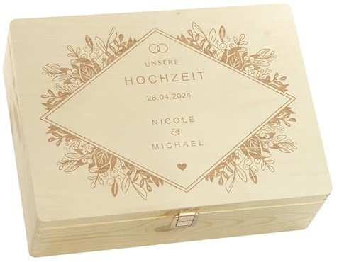 LAUBLUST Personalisierte Hochzeitskiste Erinnerung | Hochzeits Erinnerungsbox mit Gravur - Florale Raute | Geschenke für Brautpaar - FSC® (Natur mit Verschluss, ca. 40 x 30 x 14 cm | L)