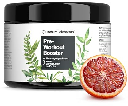 natural elements Pre-Workout Booster mit Koffein – Geschmack Blutorange – mit Aminosäuren, Theanin & EGCG – vegan, hochdosiert – in Deutschland produziert & laborgeprüft