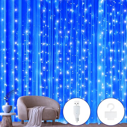 Ollny LED Lichtervorhang 2x2m, 200 LEDs Lichtervorhang innen USB, Lichterkette innen fenster mit 10 Haken, für innen und außen Deko Weihnachten Schlafzimmer Party Wand Balkon (Blau)