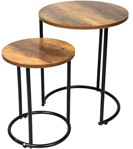 YORKSHIRE HOMEWARE Round Coffee Table Set of 2 | Nesting Table for Small Space, Living Room | Sofa Side Table for Bedroom Black Metal Frame with Solid Oak Wooden Effect, 40D x 40W x 49H centimetres