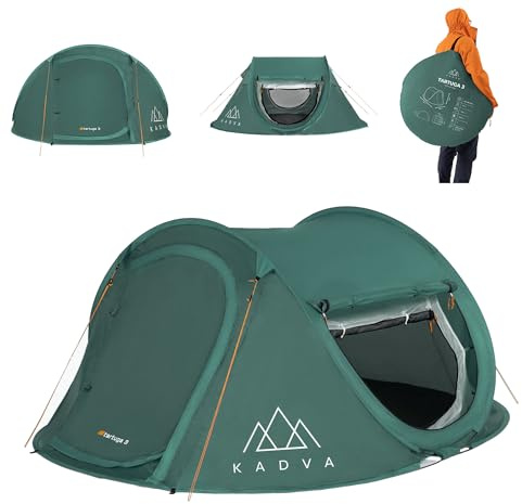 KADVA Tente de Camping Tartuga 3 Tente Pliante pour 3 Personnes 220 x 180 x 105 cm Imperméable 1500 mm avec Moustiquaire 100% Polyester Idéal pour Le Camping et la Randonnée Couleur Vert