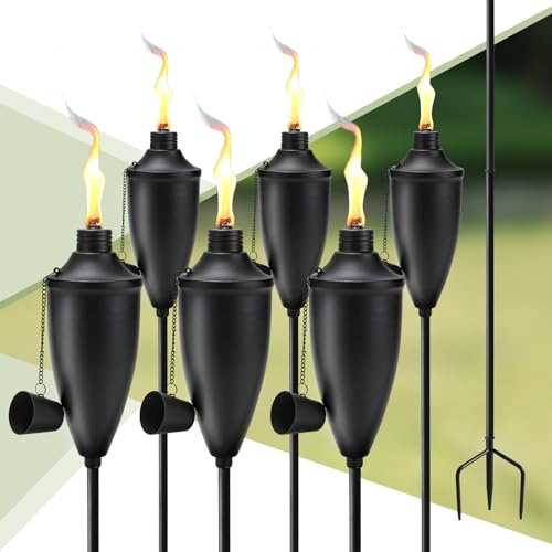 FALBAWR 6 Pack Garden Torches for Outside, 22 oz Metal Citronella Torch with 3-Prong Grounded Stake, Perfect for Patio, Lawn, and Backyard Décor