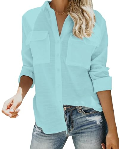 Friptspyg Blusa de Muselina Camisas de Manga Larga para Mujer Camisa de Mujer con Cuello en V 100% Algodón Tops con Dos Bolsillos,Azul Lago XL
