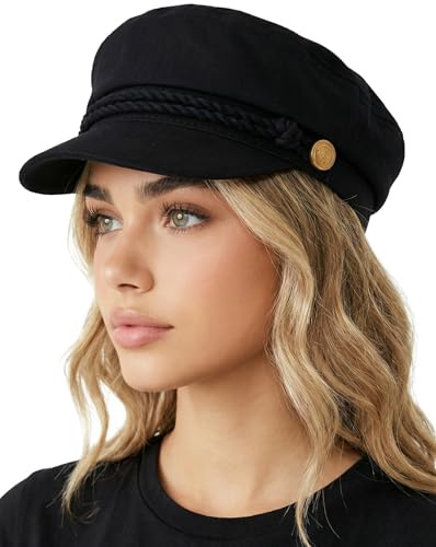 Funky Junque Cotton Newsboy Hat for Women – Trendy Greek Fisherman Cap, Classic Baker Boy Newsies Hats, Stylish Lightweight Ladies Cap - Black