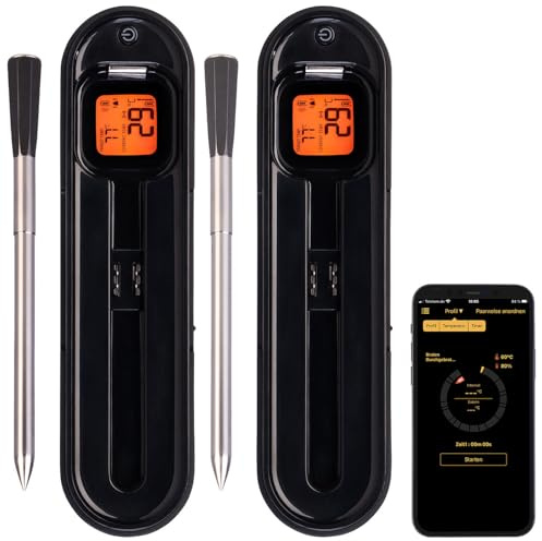 Rosenstein & Söhne Rindfleisch-Thermometer: 2er-Set kabellose smarte Fleisch-, Braten- & Grill-Thermometer,BT5,App (Bratenthermometer Backofen, Kerntemperatur Digital, Topf)