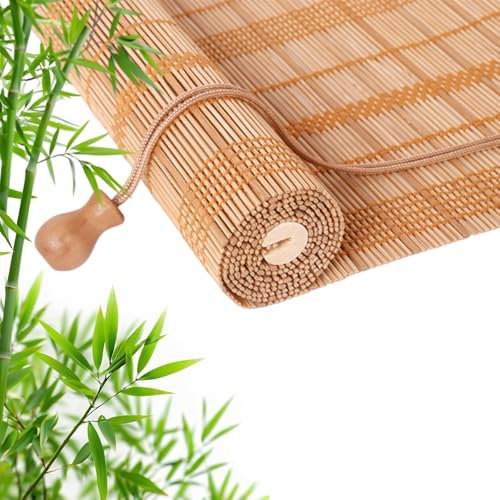 Retro Bambus Rollo, Natur Holzrollos Sonnenschutz und Sichtschutz Bambusrollo Staubdichter Dekorativer Vorhang, für Drinnen/Draußen/Garten